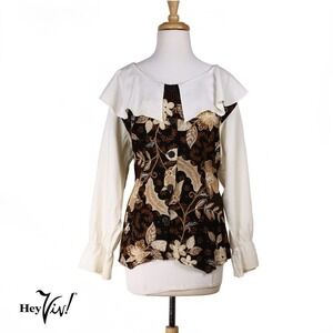 Vintage Diana Marco Floral Top Blouse w Ruffles and Shoulder Pads Sz 14 -Hey Viv